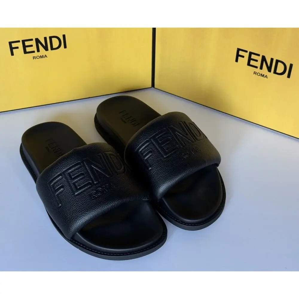 Fendi Men's Roma Leather Slide Sandals Black 9 US/8 UK IT 7X1649 NIB $750